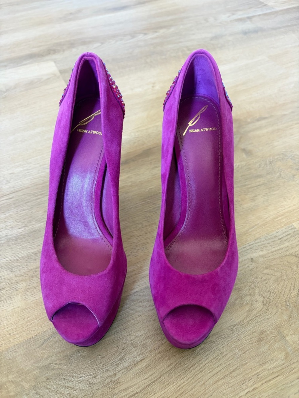 Brian Atwood Platform Peep-Toe Heels with Crystal Accents - Picture 2 of 7